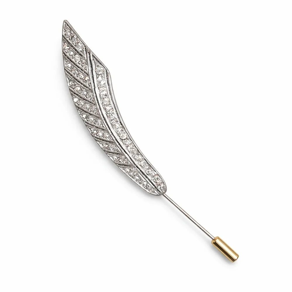 Vintage Rhinestone Feather Stick Pin Silver Tone Lapel Scarf Hat Pin
